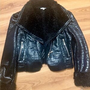 Harlow Black Faux Croc Shearling-Lined Biker Jacket